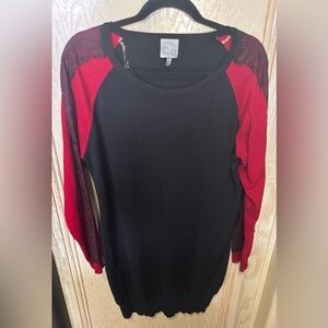 Black and Red Long Sleeve Sweater Dress with Lace Detail